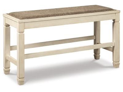 Signature Design by Ashley Bolanburg Counter Height Dining Table, 4 Stools, Bench and 2 Display Cabinets - D647D29