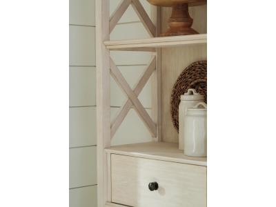 Signature Design by Ashley Bolanburg Counter Height Dining Table, 4 Stools, Bench and 2 Display Cabinets - D647D29