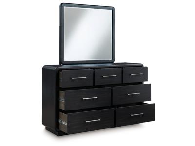 Signature Design by Ashley Rowanbeck Queen Upholstered Panel Bed, Dresser and Mirror - B821B3