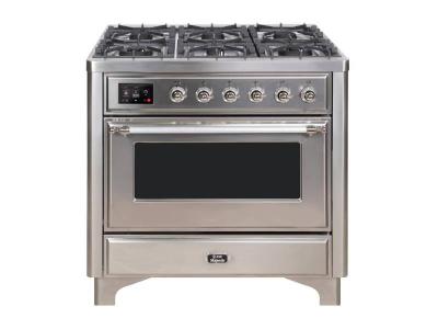 36" ILVE Majestic II Dual Fuel Natural Gas Freestanding Range with Chrome Trim in Stainless Steel - UM09FDNS3/SSC NG