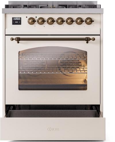 30" ILVE Nostalgie II Dual Fuel Natural Gas Freestanding Range in Antique White with Bronze Trim - UP30NMP/AWB NG