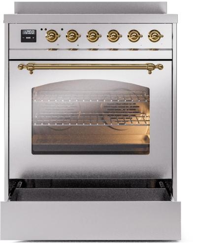 30" ILVE Nostalgie II Induction Freestanding Range in Stainless Steel with Brass Trim - UPI304NMP/SSG