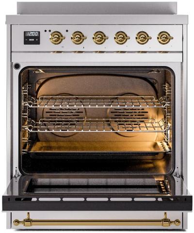 30" ILVE Nostalgie II Induction Freestanding Range in Stainless Steel with Brass Trim - UPI304NMP/SSG