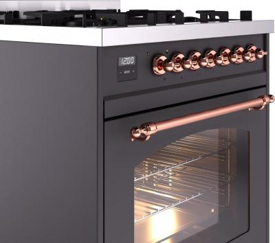 30" ILVE Nostalgie II Dual Fuel Liquid Propane Freestanding Range in Matte Graphite with Copper Trim - UP30NMP/MGP LP