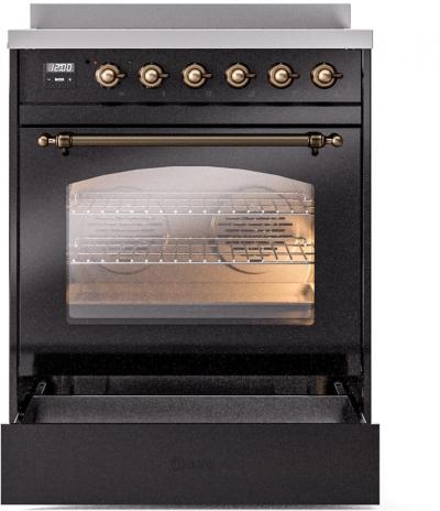 30" ILVE Nostalgie II Induction Freestanding Range in Glossy Black with Bronze Trim - UPI304NMP/BKB
