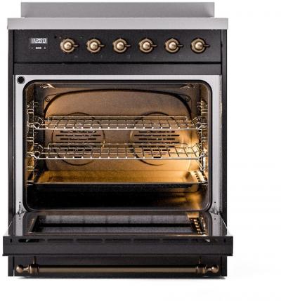 30" ILVE Nostalgie II Induction Freestanding Range in Glossy Black with Bronze Trim - UPI304NMP/BKB