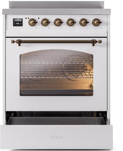 30" ILVE Nostalgie II Induction Freestanding Range in White with Bronze Trim - UPI304NMP/WHB