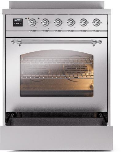 30" ILVE Nostalgie II Induction Freestanding Range in Stainless Steel with Chrome Trim - UPI304NMP/SSC