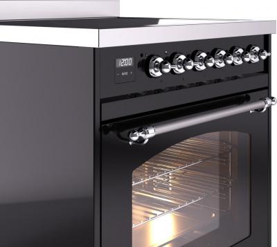 30" ILVE Nostalgie II Induction Freestanding Range in Glossy Black with Chrome Trim - UPI304NMP/BKC