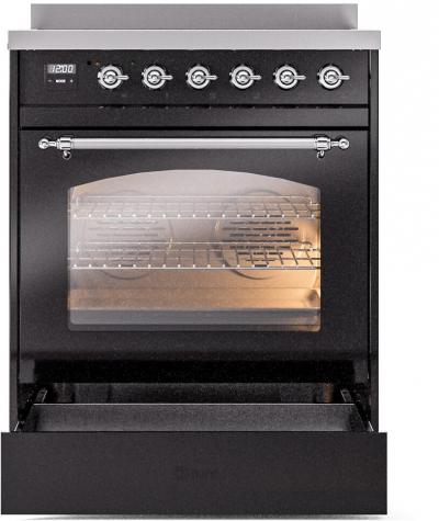 30" ILVE Nostalgie II Induction Freestanding Range in Glossy Black with Chrome Trim - UPI304NMP/BKC