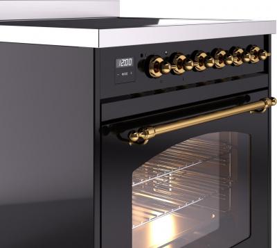 30" ILVE Nostalgie II Induction Freestanding Range in Glossy Black with Brass Trim - UPI304NMP/BKG