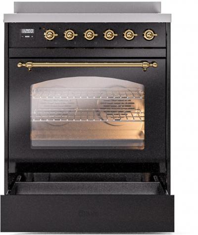 30" ILVE Nostalgie II Induction Freestanding Range in Glossy Black with Brass Trim - UPI304NMP/BKG