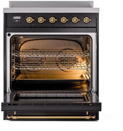30" ILVE Nostalgie II Induction Freestanding Range in Glossy Black with Brass Trim - UPI304NMP/BKG