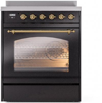 30" ILVE Nostalgie II Induction Freestanding Range in Glossy Black with Brass Trim - UPI304NMP/BKG