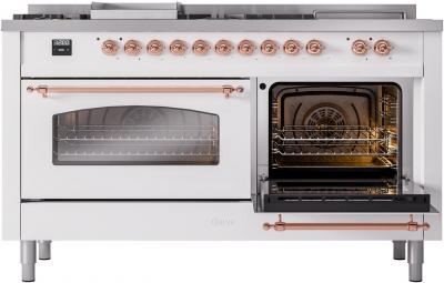 60" ILVE Nostalgie II Dual Fuel Liquid Propane Freestanding Range in White with Copper Trim - UP60FSNMP/WHP LP